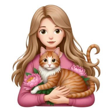 A long haired girl holding a long haired tabby in peony sticker