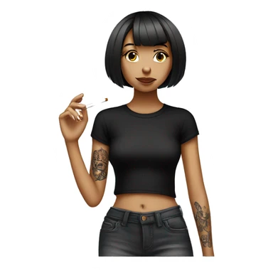 skinny girl with bob haircut smoking cigarette, she is wearing black t-shirt and has lotus tattoo on her shoulder sticker
