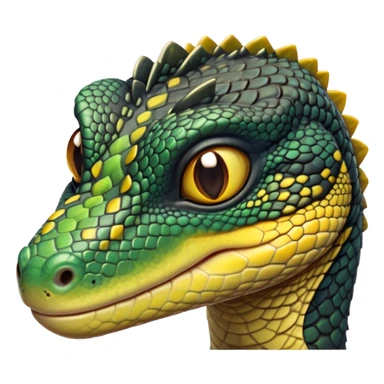 cinematic-realistic-cute-monitor-lizard-portrait-emoji,-head-tilted-playfully-and-inquisitively,-featuring-a-compact,-agile-body-with-finely-detailed,-glossy-scales-in-earthy-black and yellow-hues-and-a-distinct,-alert-face-with-bright,-curious-eyes, black , yellow spotted and green band  scales and a slender neck sticker