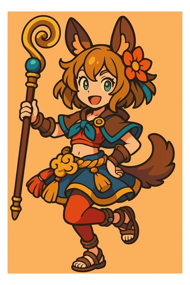 Andira from Granblue Fantasy, 3D toon style, holding staff, playful pose, animal ears, bright colors, detailed accessories sticker