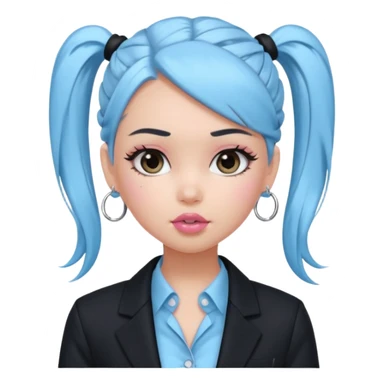 generate a pretty bratz girl wearing a light blue full sleeve shirt and a black blazer over it. silver small hoops, pink lipgloss. black hair tied up in a ponytail sticker