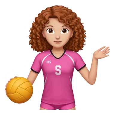 white volleyball player with brown curly hair & pink outfit (long hair) precision details + white and orange ball sticker