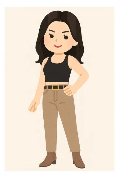 Kendall Jenner in Irasutoya style, posing confidently, trendy attire, cute cartoon proportions, soft color palette, plain background sticker