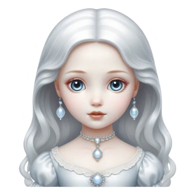 Cinematic, sitting, Ultra realistic 32k HD, hauntingly beautiful porcelain doll, Balanced features, highly detailed, glowing with silver light, high shine, remembrance, a painting of white silver, fanciful, enchanting, ghostly. The image is so lifelike it could leap off the canvas at any moment sticker