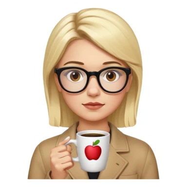 Chanel Oberlin, blonde hair, brown eyes, glasses, acne, dark eyebrows, holding a coffee cup, apple emoji style sticker