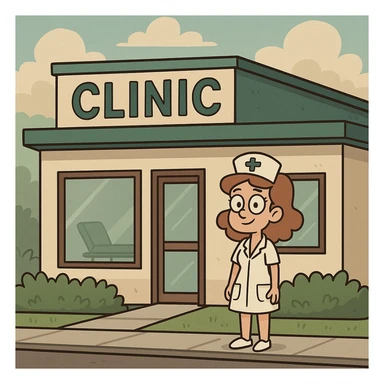 clinic building with a see-through window, cartoon style sticker