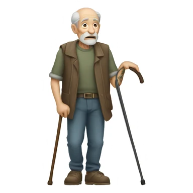 Old man with tattoos leaning on a walking cane holding his back with the other hand sticker