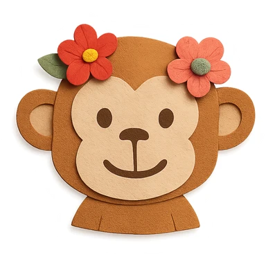 paper craft style monkey with flowers, bust up sticker
