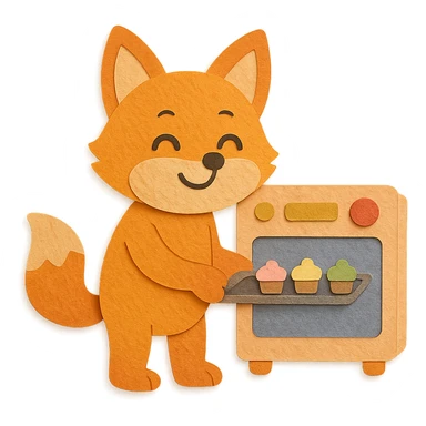 soft warm colored electric oven fox, baking mini cupcakes, happy face, full-body sticker