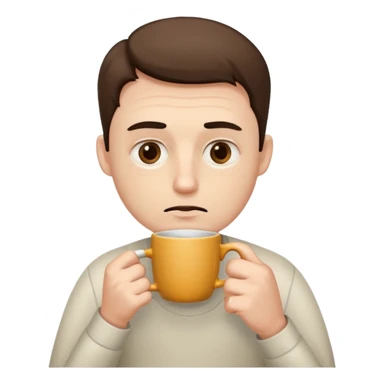 tired programmer with dark circles under his eyes drinks coffee holding a mug sticker