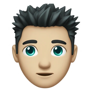 have short, spiky, jet-black hair with teal highlights emphasize his sharp, intense look. have teal eyes are striking and appear piercing or cold, reflecting his focused and calculating personality. sticker