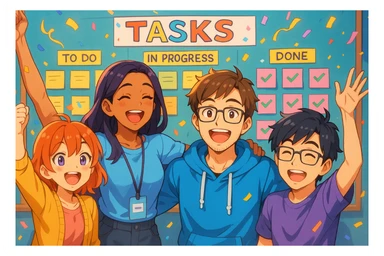 petite équipe tech IA/ML devant un tableau rempli de tâches accomplies, tous souriants et détendus, ambiance de fête, style anime, couleurs éclatantes sticker