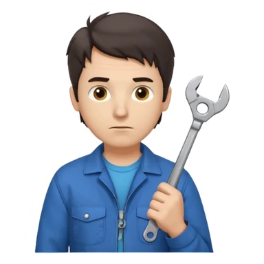 Calm and independent male technician, Caucasian features, short tousled dark hair, serious but composed expression, wearing a blue work jacket over a grey t-shirt, holding a wrench in one hand and a mechanical gear in the other, waist-up, front-facing sticker