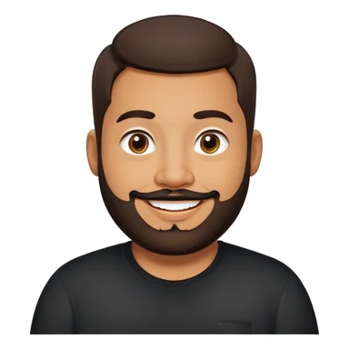 Heavier-set producer with light brown skin, pear-shaped face, full cheeks, big cheerful smile, warm inviting eyes, thick eyebrows, wide nose, short well-groomed beard, very short dark hair, wearing a black shirt sticker