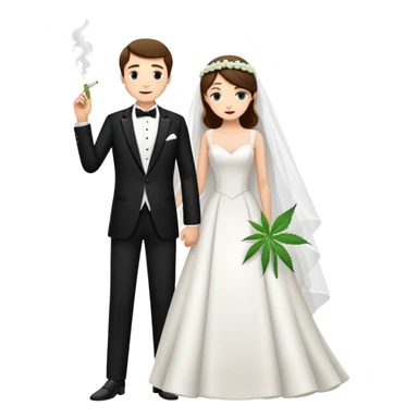 A bride in white wedding dress and groom in tuxedo, full body, smoking cannabis together sticker