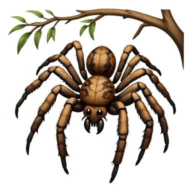 Close-up of a giant hairy tarantula in its natural habitat, with detailed textures of its legs, fangs, and body. The spider is perched on a tree branch, with soft lighting highlighting its features. Transparent background. sticker