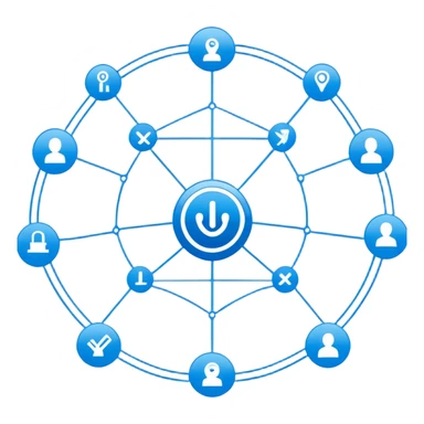 network in a circular form with blue boxes at intersection points sticker