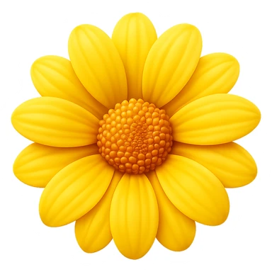 Create a 3D illustration of a yellow flower (dahlia or aster) in the style of iOS Apple emoji, featuring volumetric petals and a realistic center, on a transparent square background. The style should mimic the detailed, smooth, and vibrant look of Apple emojis with a 3D effect. sticker