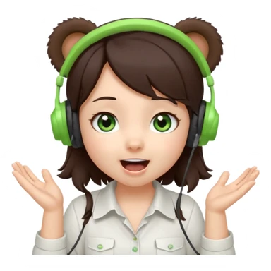 Chibi girl, dark brown hair, green eyes, wearing a white shirt and small brown bear ears on a headset, with wide happy surprised eyes and mouth and clapping excitedly sticker