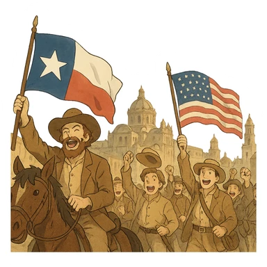 historical painting of Texans triumphantly entering Mexico City, waving flags, joyful expressions sticker