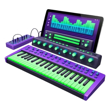 Create a creative and technical emoji that represents sound design. The design should feature a sound mixing console, audio waveforms, and sound effects icons (like a reverb or delay knob) to symbolize the manipulation and crafting of sound. Add elements like a synthesizer or audio interface to reflect the electronic aspect of sound creation. Use colors like neon green, blue, or purple to represent the innovative and experimental nature of sound design. The background should be transparent. sticker