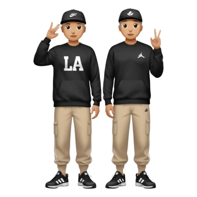 Crea Un Emoji De Cuerpo Completo Que Sea Hombre Con Corte Alucin Que Tenga Gorra Nike, Suéter Negro Que Tenga La Letras LA El La Parte Del Corazón, Zapatos Adidas Con Una Palomita✅, Pantalón Ancho O Bellaco Con Unos Diseños De Palomas Blancas Y Asiendo Una Pose Con Su Mano Que Sea Está 🤙🏽. sticker