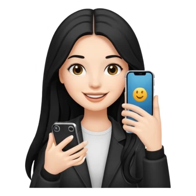 White influencer girl with black long haired, phone in hand, recording herself, confident, trendy, sticker