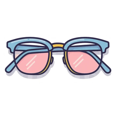 stylish eyeglasses for vision with diopters, semi-rimless frame, top-down view, vector look with shadows and glare, detailed shading, thin clean outlines, pastel palette, Japanese pop art, sticker look, highly detailed, transparent background sticker