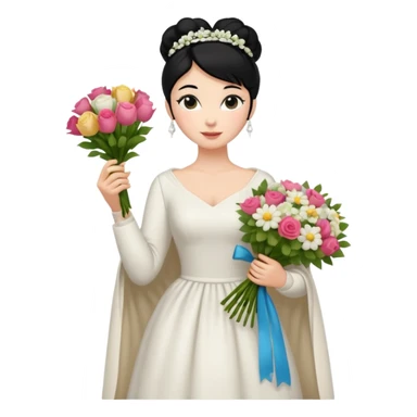 Chica blanca,cuerpo entero, vestido boda ,manga larga ,con estola, pelo negro,    ramo de flores una mano, pelo recogido en moño alto sticker