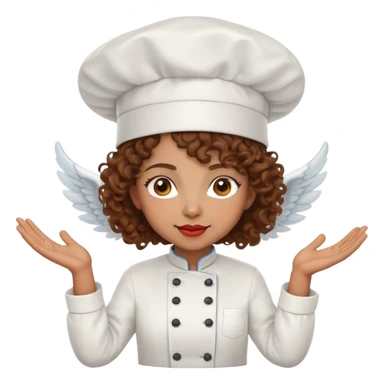 Light brown skinned mixed-race female chef with medium-length curly brown hair, wearing a chef's hat (toque), with both an angel halo and devil horns on her head sticker