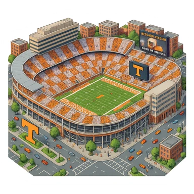 Изометричная, яркая, детализированная и фотореалистичная иллюстрация стадиона Neyland Stadium в стиле 3D-коллажей городов, насыщенные цвета, аккуратные линии, мультяшно-реалистичная стилистика. Чёткие контуры, прозрачный фон, высокое качество. sticker