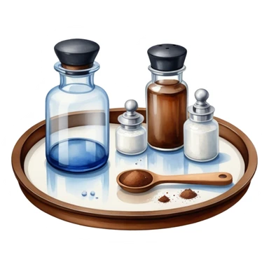 Take the colors brown #4E3E37 and blue #CED4D4 Your images should be painted with watercolors. Make an original round tray with oil bottles, glass transparent bottles, with a black lid, salt shaker and pepper shaker-porcelain. sticker