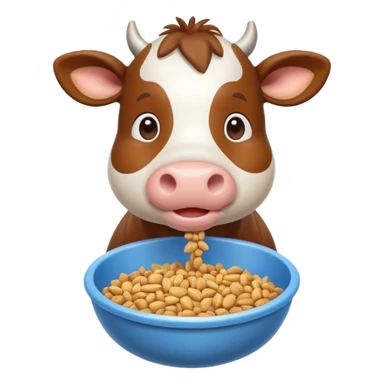 cute cow eating animal feed, hay and grains in a feeding bowl, 3D cartoon, mobile game icon style, clean background, no text, no watermark
 sticker