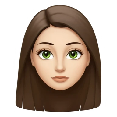 40 year old Adult woman avatar, light skin tone, long, oval face, long straight ashy brown hair, green almond-shaped eyes with dramatic eyelashes and minimal eyeliner, neutral mouth, medium straight eyebrows, small nose, smooth skin sticker