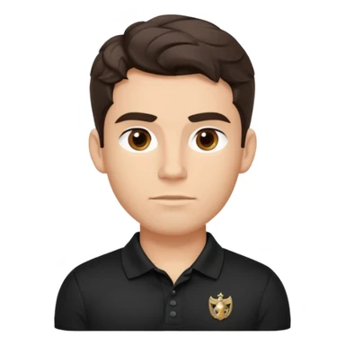 He’s a man with light to medium skin, a defined oval face, full brows, deep-set eyes, and wavy short dark brown tall hair styled with height, sides are trimmed. muscular. expression calm and focused relaxed black polo shirt. polished, articulate, and coach vibe. personal development.  sticker