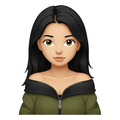 Siyah uzun saçlı siyah ceket  polar ceket ceket gevşek biraz omzundan çıkıyormuş gibi ve bugday ten rengi soltaraftaki omzundan çıkık sadece içinde de siyah crop var crop açık esmer esmer sticker