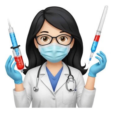 medica con guantes  y mascarilla e insumos laboratorio  jeringa tubos  pelo negro largo triguella sticker