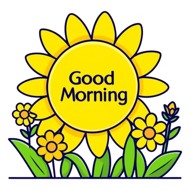 Spring flowers in garden with sun with inscription Good morning  sticker