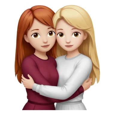 two girls who hug eachother. one has auburn hair with blonde highlights and very pale skin and is wearing white outfit, other has medium-fair skin and blonde hair and is wearing a burgundy outfit sticker
