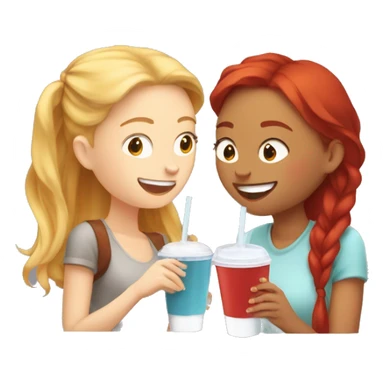 Blonde girl and red hair girl secretly giggling together drinking iced coffees  sticker