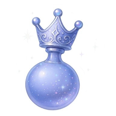 galutinis itin prabangus labai mažas eliksyro buteliukas, įkvėptas karūnos: viršuje karūnos forma, spalva #7986cb, apačia sklandžiai pereina į apvalų, uždarą buteliuką (ne plokščia, ne stiklinė), visas buteliukas atrodo tarsi sklandytų ir suktųsi ore, elegantiškos sidabrinės ir holografinės detalės, magiški švytėjimai ir blizgesiai, labai mažas kaklelis, vientisa apvali apačia, skaidrus fonas, be pagrindo ar šešėlio, modernus, kolekcijai tinkamas, dar mažesnės proporcijos sticker