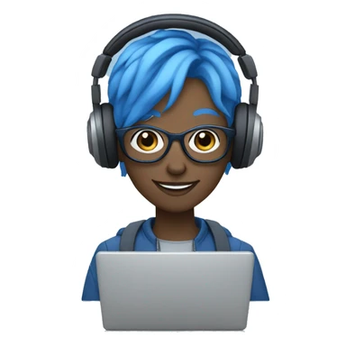Androgynous character with all blue skin, wearing glasses, holding a laptop, wearing headphones, and smiling sticker
