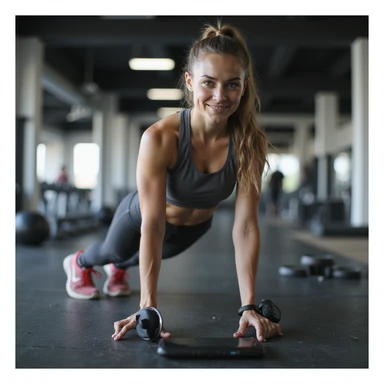 sporty woman in technical sportswear in gym, recording video check for coach with smartphone while doing plank, modern and tidy environment, hyperrealistic details, 4K, 7/8 sticker