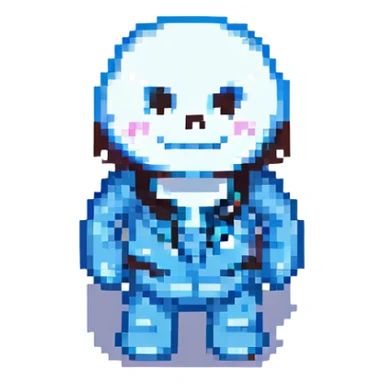 Sans from Undertale smiling, pixel art style sticker