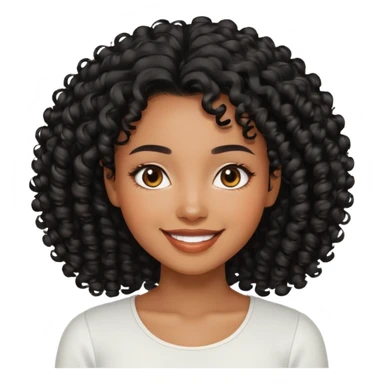 a young woman.She has voluminous, curly black hair long that frames her face beautifully. Her skin tone is black light and glowing, and she has a subtle, natural makeup look. She’s smiling softly at the camera. She is wearing a white top sticker