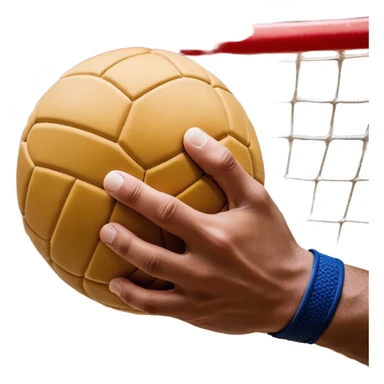 A close-up of a hand gripping a handball, with the handball gates visible in the background. The focus is on the texture of the ball and the strength of the grip, with the goal net slightly blurred to emphasize the anticipation of the throw. sticker