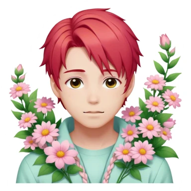 Gorgeous pastel red hair with a thin braid on the side anime style shojo guy with blushing face and flowers aesthetic trending style outside sticker