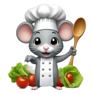 cute grey mouse wearing a chef’s hat holding a wooden spoon and a salad sticker