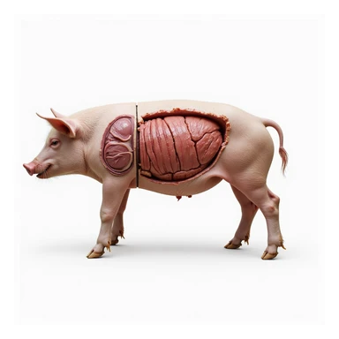 split image left side human body right side pig body, internal organs highlighted and labeled, educational hyperrealistic 4K style sticker