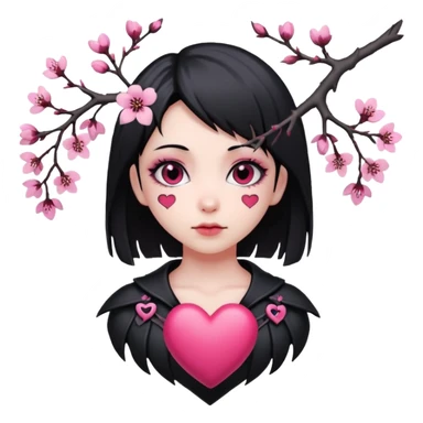 goth sakura heart, heart pierced by sakura branch, black and pink sticker